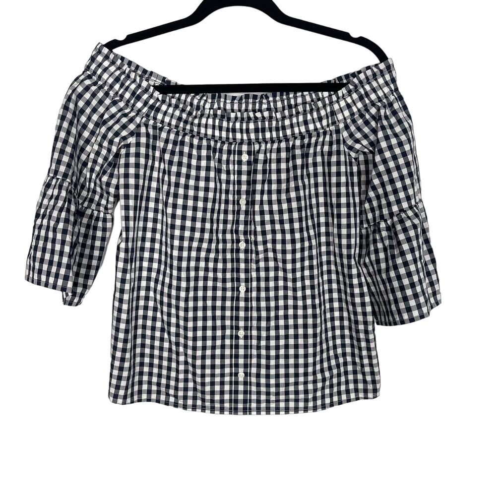 Abercrombie & Fitch S Blue White Gingham Off The Shoulder Button Front Shirt